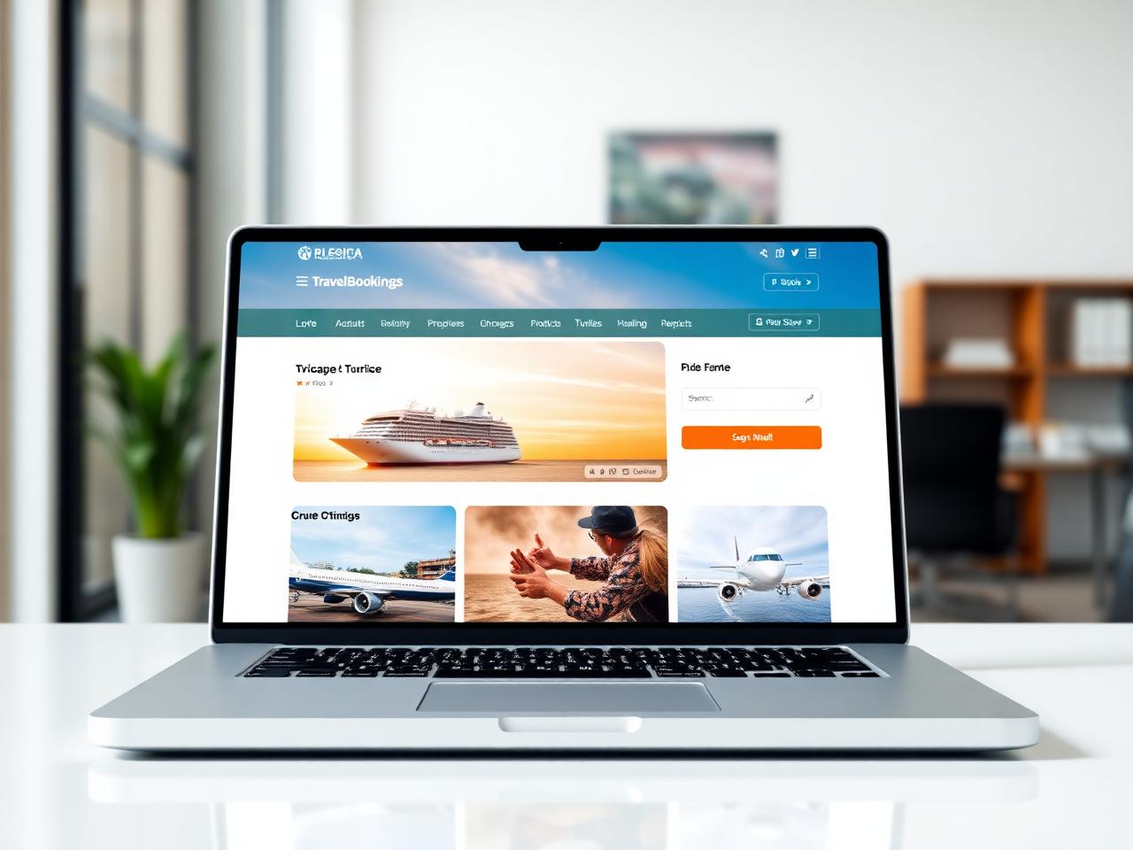 Laptop showing a travel booking website featuring cruise and flight options